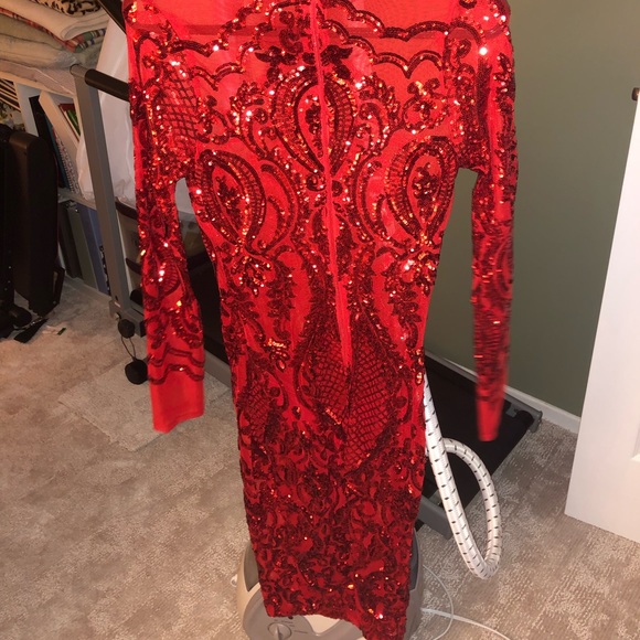 Red mesh sequin long sleeve past knee dress - Picture 6 of 9